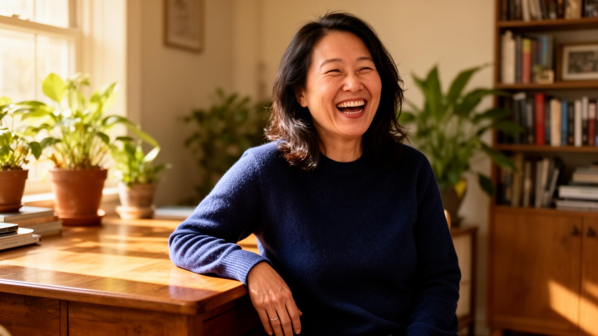 Alex Chen laughing at a desk in a sunlit room